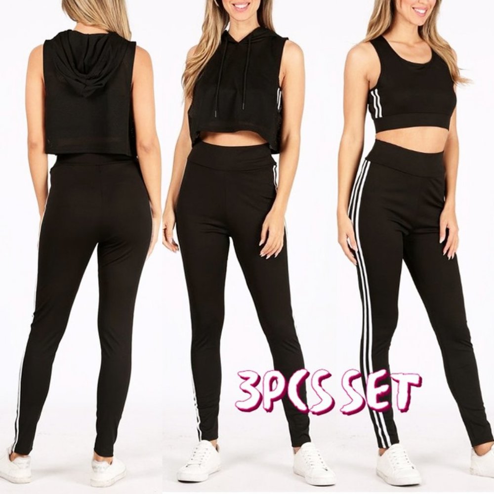 Black Striped Legging Bra Crop Top 3PC Active Set